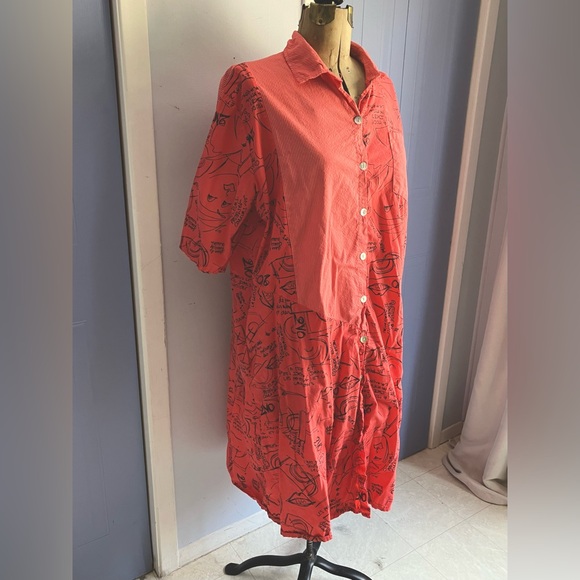 Frocella Coral Cotton Button-Up Dress with Black Print - One Size XL - Picture 9 of 10